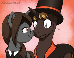 Size: 4200x3300 | Tagged: safe, artist:shannonworks, imported from derpibooru, oc, oc only, oc:private eye, oc:sonata, pony, unicorn, boop, clothes, cute, elements of justice, female, glasses, hat, lawyer, male, mare, noseboop, professor layton, shipping, stallion, suit, top hat, turnabout storm