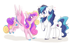 Size: 6288x3738 | Tagged: safe, artist:tizhonolulu, imported from derpibooru, princess cadance, shining armor, alicorn, pony, unicorn, alternate design, alternate hairstyle, blushing, chest fluff, cute, cutedance, duo, female, flower, flower in hair, heart, hearts and hooves day, holiday, letter, male, shining adorable, shiningcadance, shipping, simple background, straight, unshorn fetlocks, valentine's day, white background