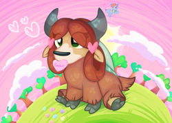Size: 1950x1399 | Tagged: safe, artist:rainbow eevee, imported from derpibooru, yona, yak, beautiful, bow, candy, candy hearts, cloud, cloven hooves, cute, digital art, female, food, grass, green eyes, hair bow, heart, hearts and hooves day, hill, holiday, implied sandbar, monkey swings, mouth hold, sitting, solo, sun, sunset, text, tree, valentine's day, yonadorable