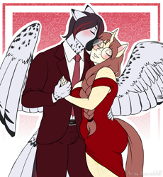 Size: 3000x3265 | Tagged: safe, artist:hasana-chan, imported from derpibooru, oc, oc only, oc:céline actias, oc:pyry, anthro, pegasus, unguligrade anthro, unicorn, anthro oc, cheek kiss, commission, couple, eyes closed, female, freckles, gift art, glasses, happy, hearts and hooves day, holiday, horn, kissing, male, mare, oc x oc, pegasus oc, red dress, shipping, shoulderless, smiling, stallion, tail, tail feathers, unicorn oc, valentine's day, wholesome