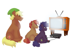 Size: 1280x854 | Tagged: safe, artist:itstechtock, imported from derpibooru, apple bytes, button mash, quarter hearts, earth pony, pony, colt, controller, elf hat, female, filly, foal, hat, joystick, link, link's hat, liquid button, male, simple background, stallion, television, the legend of zelda, transparent background, video game