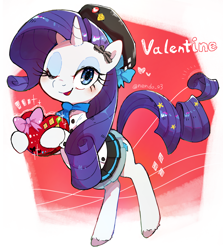 Size: 2652x2972 | Tagged: safe, artist:fuyugi, imported from derpibooru, rarity, pony, unicorn, chocolate, clothes, cute, food, holiday, one eye closed, open mouth, raribetes, solo, valentine's day, wink