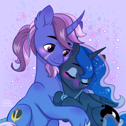 Size: 3000x3000 | Tagged: safe, artist:stillrabbit, imported from derpibooru, princess luna, oc, oc:azure night, alicorn, pony, unicorn, azuna, blushing, canon x oc, commission, cute, hug, jewelry, necklace, shipping, ych result