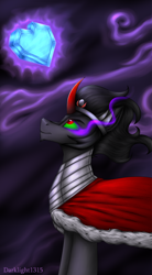 Size: 1660x3000 | Tagged: safe, artist:darklight1315, idw, imported from derpibooru, king sombra, original species, pony, umbrum, unicorn, siege of the crystal empire, armor, clothes, colored horn, crown, crystal heart, curved horn, horn, jewelry, male, mantle, regalia, scene interpretation, solo, sombra eyes, sombra horn, stallion, umbra pony