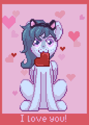 Size: 258x360 | Tagged: safe, artist:yarugreat, imported from derpibooru, oc, oc:moon dust, animated, commission, front view, hearts and hooves day, pixel animation, pixel art, simple background, sitting, solo, ych result