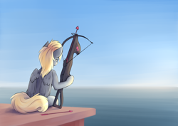 Size: 2384x1686 | Tagged: safe, alternate version, artist:colourwave, imported from derpibooru, derpy hooves, pegasus, pony, arrow, crossbow, day, female, heart, holiday, ocean, ponified, sitting, valentine's day, water, weapon