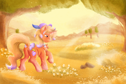 Size: 3000x2000 | Tagged: safe, artist:euspuche, imported from derpibooru, oc, oc only, oc:peaches, unicorn, bow, chest fluff, clothes, flower, male, scenery, solo, sunlight, sunset, tail, tail bow, tree