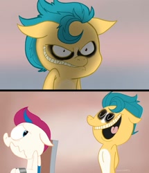 Size: 1081x1256 | Tagged: safe, artist:sockiepuppetry, edit, imported from derpibooru, hitch trailblazer, zipp storm, earth pony, pegasus, pony, .mov, shed.mov, 2 panel comic, chair, comic, duo, evil grin, eyes closed, female, floppy ears, g5, grin, hooves behind back, looking back, male, mare, my little pony: a new generation, open mouth, open smile, parody, restrained, scared, smiling, stallion, style emulation, this will end in death, wavy mouth