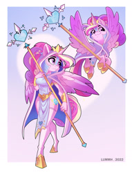 Size: 1280x1672 | Tagged: safe, artist:lummh, imported from derpibooru, princess cadance, alicorn, anthro, pony, unguligrade anthro, abstract background, anthro ponidox, cloak, cloaked, clothes, crystal, crystal heart, crystal princess, duo, duo female, female, g4, heart, holiday, ponytail, priestess, princess of love, self ponidox, socks, staff, stockings, thigh highs, valentine's day