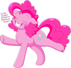 Size: 1919x1836 | Tagged: safe, artist:wownamesarehard, derpibooru exclusive, imported from derpibooru, pinkie pie, earth pony, pony, chest fluff, cute, dialogue, diapinkes, eyes closed, female, grin, mare, positive ponies, raised leg, simple background, smiling, solo, standing on two hooves, transparent background