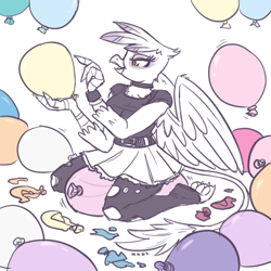 Size: 1600x1600 | Tagged: safe, artist:king-kakapo, imported from derpibooru, gilda, anthro, balloon, balloon fetish, balloon popping, balloon riding, belt, choker, clothes, commission, female, fetish, kneeling, popping, ripped stockings, sketch, skirt, solo, stockings, that griffon sure does love balloons, thigh highs, torn clothes