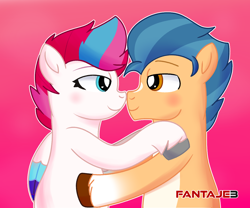 Size: 1306x1086 | Tagged: safe, artist:fantaje3, imported from derpibooru, hitch trailblazer, zipp storm, earth pony, pegasus, female, g5, hearts and hooves day, hitchzipp, looking at each other, looking at someone, male, mare, my little pony: a new generation, shipping, stallion, straight