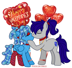 Size: 1200x1117 | Tagged: safe, artist:jennieoo, imported from derpibooru, oc, oc:maverick, oc:ocean soul, earth pony, pegasus, pony, balloon, clothes, ear piercing, earring, eyes closed, eyeshadow, french kiss, heart, heart balloon, hearts and hooves day, jewelry, kiss on the lips, kissing, love, makeup, married couple, necklace, piercing, ponytail, show accurate, simple background, smooch, soulverick, stockings, thigh highs, transparent background, vector