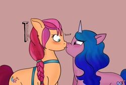 Size: 1414x955 | Tagged: safe, artist:theewk, imported from derpibooru, izzy moonbow, sunny starscout, earth pony, pony, unicorn, blushing, boop, duo, female, g5, izzyscout, kissing, lesbian, looking at each other, looking at someone, mare, my little pony: a new generation, noseboop, shipping, signature, simple background