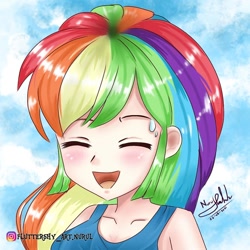 Size: 1008x1008 | Tagged: safe, artist:fluttershy_art.nurul, imported from derpibooru, rainbow dash, human, anime style, blushing, bust, eyes closed, female, humanized, multicolored hair, open mouth, open smile, rainbow hair, signature, smiling, solo, sweat