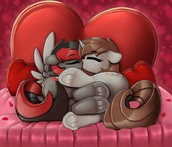 Size: 2499x2142 | Tagged: safe, artist:llametsul, imported from derpibooru, oc, oc:arjin, oc:burning shadow, pegasus, pony, unicorn, bed, butt, commission, couple, cute, duo, duo female, eyes closed, female, floppy ears, heart, holiday, kiss on the lips, kissing, lesbian, mare, plot, strategically covered, underhoof, valentine's day