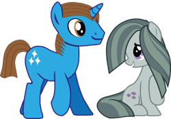 Size: 1280x891 | Tagged: safe, artist:ncolque, imported from derpibooru, marble pie, oc, oc:sharp stars, earth pony, pony, unicorn, brown eyes, brown mane, brown tail, duo, female, full body, grin, hooves, horn, looking back, male, mare, purple eyes, shipping, simple background, smiling, stallion, tail, transparent background, unicorn oc