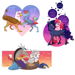 Size: 3508x3500 | Tagged: safe, artist:jackiebloom, imported from derpibooru, discord, gilda, pinkie pie, princess luna, rainbow dash, star swirl the bearded, pony, female, gay, gildash, lesbian, lunapie, lying down, male, prone, shipping, simple background, starswirlcord, transparent background