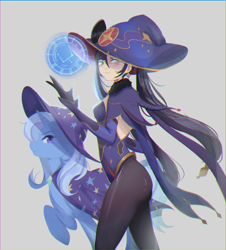 Size: 1280x1414 | Tagged: safe, artist:babybearkiki, imported from derpibooru, trixie, human, pony, unicorn, breasts, cape, clothes, crossover, ear piercing, earring, genshin impact, hat, jewelry, mona (genshin impact), piercing, stockings, thigh highs, trixie's cape, trixie's hat, witch hat