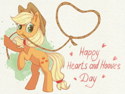 Size: 3000x2250 | Tagged: safe, artist:0okami-0ni, imported from derpibooru, applejack, earth pony, pony, applejack's hat, cowboy hat, cute, digital art, ear fluff, female, freckles, full body, hat, hearts and hooves day, high res, hooves, jackabetes, lasso, mare, mouth hold, rearing, rope, signature, solo