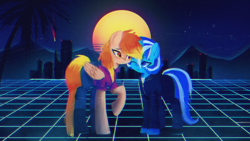 Size: 1920x1080 | Tagged: safe, artist:menalia, imported from derpibooru, oc, oc only, oc:freezy coldres, oc:shiny flames, pegasus, pony, unicorn, aesthetics, boots, city, clothes, female, holiday, horn, jacket, lesbian, looking at each other, looking at someone, mare, mountain, one eye closed, palm tree, pants, raised hoof, shirt, shoes, stars, sun, synthwave, synthwave grid, t-shirt, tree, valentine's day, wallpaper, wings