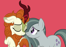 Size: 2920x2080 | Tagged: safe, artist:squipycheetah, imported from derpibooru, autumn blaze, marble pie, earth pony, kirin, pony, crack shipping, cute, duo, duo female, eyes closed, female, floppy ears, high res, lesbian, looking at someone, marbleblaze, mare, pink background, purple eyes, raised hoof, shipping, simple background, smiling