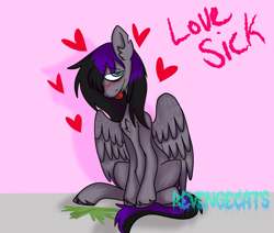 Size: 1668x1414 | Tagged: safe, artist:revenge.cats, imported from derpibooru, oc, oc only, oc:drizzling dasher, pegasus, pony, blushing, chest fluff, colored wings, ear fluff, emo, fangs, gradient wings, heart, hooves, pegasus oc, signature, sitting, smiling, solo, tail, tongue out, two toned mane, two toned tail, unshorn fetlocks, vomit, wings