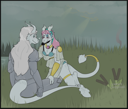 Size: 2000x1700 | Tagged: safe, artist:possum's playground, imported from derpibooru, princess celestia, oc, oc:light knight, anthro, argonian, armor, bra, cattails, clothes, cloud, dress, female, forest, furry, light, male, reeds, sky, smoke, species swap, swamp, the elder scrolls, underwear, water