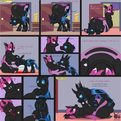 Size: 1659x1662 | Tagged: safe, artist:wheatley r.h., derpibooru exclusive, imported from derpibooru, oc, oc only, oc:lara, oc:w. rhinestone eyes, changeling, comic:still hungry, bat wings, bedroom eyes, belly, belly bed, bellyrubs, big belly, biting, blue blush, blue changeling, blushing, changeling oc, chunkling, fangs, fat, female, happy, heart, holding a changeling, honeypot changeling, hoof biting, hooves, horn, impossibly large belly, love, male, mare, nom, obese, pink changeling, sharp teeth, spanish, stallion, stuck, teeth, tongue out, trophy, vector, watermark, wings