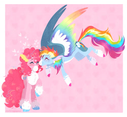 Size: 1280x1178 | Tagged: safe, artist:wanderingpegasus, imported from derpibooru, pinkie pie, rainbow dash, earth pony, pegasus, pony, alternate hairstyle, chest fluff, cute, dashabetes, diapinkes, duo, eyes closed, februpony, female, flying, heart, holiday, lesbian, mare, markings, nuzzling, pinkiedash, redesign, shipping, unshorn fetlocks, valentine's day