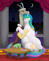 Size: 1000x1250 | Tagged: safe, artist:soobel, imported from derpibooru, discord, princess celestia, alicorn, draconequus, pony, alcohol, cake, chubbylestia, crescent moon, dislestia, drink, duo, eyes closed, fat, female, food, heartwarming, hug, love, male, moon, obese, shipping, stars, straight, wine