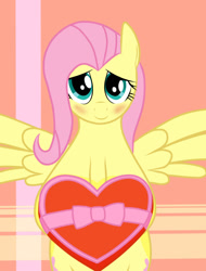 Size: 858x1130 | Tagged: safe, imported from derpibooru, fluttershy, blushing, candy, chocolate, food, heart, hearts and hooves day, holiday, looking at you, smiling, solo, valentine's day