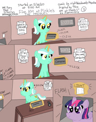 Size: 1280x1622 | Tagged: safe, artist:alyssafire, artist:nightshadowmlp, imported from derpibooru, lyra heartstrings, twilight sparkle, alicorn, pony, unicorn, comic:five am at pinkie's: the prequel, 2020, background gag, button, comic, firealpaca, five am at freddy's, five nights at freddy's, glowing, glowing horn, horn, light, onomatopoeia, surprised, text, twilight sparkle (alicorn)