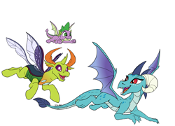 Size: 7813x5613 | Tagged: safe, artist:starponys87, artist:tsitra360, color edit, edit, imported from derpibooru, princess ember, spike, thorax, changedling, changeling, dragon, season 8, spoiler:s08, changeling x dragon, chase, colored, dragon lord ember, dragoness, embrax, female, flying, holiday, interspecies, king thorax, love, male, romance, shipping, simple background, straight, white background, winged spike, wings