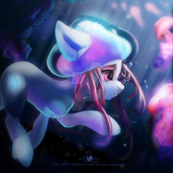 Size: 1280x1280 | Tagged: safe, artist:oriana80, imported from derpibooru, oc, oc only, hybrid, jellyfish, jellyfish pony, original species, pony, bubble, colored pupils, crepuscular rays, deviantart watermark, female, flowing mane, glowing, obtrusive watermark, ocean, pink eyes, solo, sunlight, swimming, underwater, water, watermark