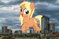 Size: 1728x1152 | Tagged: safe, artist:cheezedoodle96, artist:thegiantponyfan, edit, imported from derpibooru, amber grain, earth pony, pony, columbus, female, friendship student, giant pony, giant/macro earth pony, giantess, highrise ponies, irl, macro, mare, mega giant, ohio, open mouth, open smile, photo, ponies in real life, raised hoof, smiling