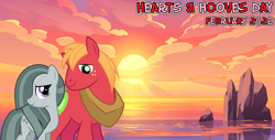 Size: 2064x1049 | Tagged: safe, artist:dashiesparkle, artist:jhayarr23, artist:not-yet-a-brony, edit, imported from derpibooru, big macintosh, marble pie, earth pony, pony, 2022, beach, bittersweet, cloud, duo, february, female, friends, friendship, hearts and hooves day, heartwarming, holiday, honorary cousin, implied shipping, implied sugarmac, looking at each other, looking at someone, male, mare, movie reference, not shipping, ocean, platonic, scenery, ship sinking, song reference, stallion, sunset, valentine's day, water, youtube link in the description