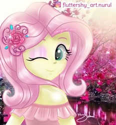 Size: 1506x1622 | Tagged: safe, artist:fluttershy_art.nurul, imported from derpibooru, fluttershy, equestria girls, adorasexy, bare shoulders, beautiful, beautiful eyes, beautisexy, bust, clothes, cute, dress, eyelashes, eyeshadow, female, flower, hairpin, humanized, looking at you, makeup, one eye closed, pink background, rose, sexy, shyabetes, solo, wink, winking at you