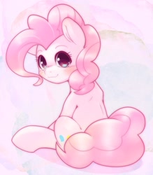 Size: 1798x2048 | Tagged: safe, artist:kurogewapony, imported from derpibooru, pinkie pie, earth pony, pony, blushing, cute, diapinkes, female, happy, looking at you, looking back, looking back at you, mare, simple background, sitting, smiling, smiling at you, solo