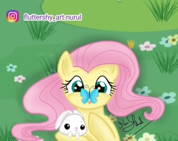 Size: 891x711 | Tagged: safe, artist:fluttershy_art.nurul, imported from derpibooru, angel bunny, fluttershy, butterfly, pegasus, pony, rabbit, animal, butterfly on nose, cute, female, flower, grass, grass field, insect on nose, lying down, mare, on back, shyabetes