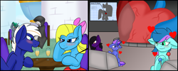 Size: 7500x3000 | Tagged: safe, artist:noblebrony317, imported from derpibooru, oc, oc only, oc:calypso, oc:cuteamena, oc:electric blue, oc:noble, pony, anatomically incorrect, blushing, diagram, electricute, female, heart, hearts and hooves day, holiday, male, map, mare, micro, shipping, stallion, valentine's day, vore