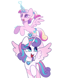 Size: 814x1000 | Tagged: safe, artist:risswm, imported from derpibooru, princess cadance, princess flurry heart, alicorn, pony, crown, eye clipping through hair, female, glowing, glowing horn, hooves, horn, jewelry, mare, older, older flurry heart, open mouth, open smile, raised hoof, regalia, shading, signature, simple background, smiling, spread wings, tail, teen princess cadance, white background, wings