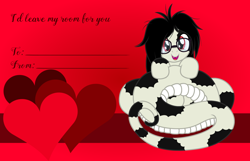 Size: 3156x2028 | Tagged: safe, artist:badumsquish, derpibooru exclusive, imported from derpibooru, oc, oc only, oc:cuppa noodle, lamia, monster pony, original species, pony, coils, fangs, female, glasses, grin, heart, holiday, looking at you, mare, messy mane, neet, nerd, smiling, solo, valentine, valentine's day, valentine's day card