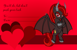 Size: 3156x2028 | Tagged: safe, artist:badumsquish, derpibooru exclusive, imported from derpibooru, oc, oc only, oc:kim stone, bat pony, demon, demon pony, monster pony, original species, pony, bat wings, brimstone, crossed hooves, eyeshadow, female, flying, frown, grumpy, heart, holiday, horns, looking at you, makeup, solo, spread wings, tsundere, unshorn fetlocks, valentine, valentine's day, valentine's day card, wings