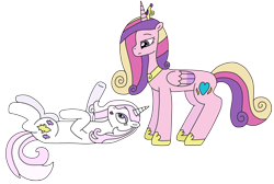 Size: 3104x2081 | Tagged: safe, artist:supahdonarudo, imported from derpibooru, fleur-de-lis, princess cadance, alicorn, pony, unicorn, series:fleurbuary, crown, duo, duo female, female, folded wings, full body, high res, hoof shoes, hooves, horn, jewelry, lidded eyes, looking at each other, looking at someone, lying down, mare, multicolored mane, multicolored tail, on back, open mouth, open smile, raised hoof, regalia, simple background, smiling, standing, tail, transparent background, wings