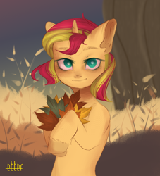 Size: 1024x1126 | Tagged: safe, artist:etter, imported from derpibooru, sunset shimmer, pony, unicorn, equestria girls, autumn, bipedal, cute, leaves, looking at you, solo, tree, watermark