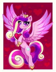 Size: 1920x2452 | Tagged: safe, artist:confetticakez, imported from derpibooru, princess cadance, alicorn, pony, crown, cute, eyelashes, feather, female, happy, heart, hoof shoes, horn, jewelry, mare, pink eyes, red background, regalia, simple background, smiling, solo, spread wings, wingding eyes, wings