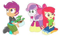 Size: 3900x2693 | Tagged: safe, artist:gmaplay, imported from derpibooru, apple bloom, scootaloo, sweetie belle, equestria girls, equestria girls series, happily ever after party, belt, bonsai, boots, clothes, cutie mark crusaders, happily ever after party: applejack, hoodie, jeans, pants, shoes, shorts, simple background, sitting, skirt, transparent background