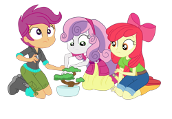 Size: 3900x2693 | Tagged: safe, artist:gmaplay, imported from derpibooru, apple bloom, scootaloo, sweetie belle, equestria girls, equestria girls series, happily ever after party, belt, bonsai, boots, clothes, cutie mark crusaders, happily ever after party: applejack, hoodie, jeans, pants, shoes, shorts, simple background, sitting, skirt, transparent background