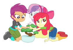 Size: 3900x2693 | Tagged: safe, artist:gmaplay, imported from derpibooru, apple bloom, scootaloo, sweetie belle, equestria girls, equestria girls series, happily ever after party, belt, bonsai, boots, clothes, cutie mark crusaders, happily ever after party: applejack, hoodie, jeans, kneeling, pants, shoes, shorts, simple background, sitting, skirt, transparent background